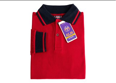 SİYAH ÇİZGİLİ YAKA KIRMIZI UZUN KOL LAKOS TİŞÖRT