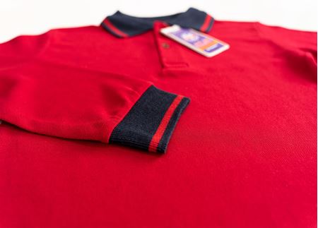 SİYAH ÇİZGİLİ YAKA KIRMIZI UZUN KOL LAKOS TİŞÖRT